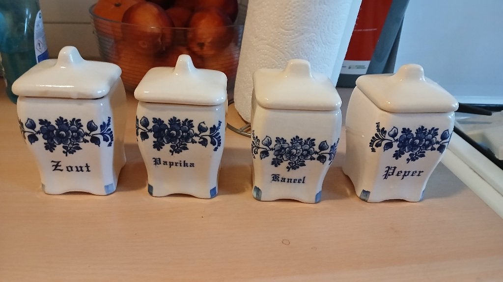Vintage Delfts Blauw Kruidenpotjes Set (4 stuks), Gebruikt, Ophalen of Verzenden, Voorraadpot, Steen/keramiek