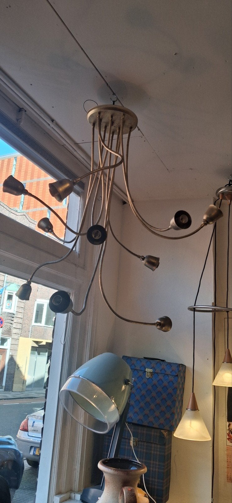 Vintage spinnenweb plafondlamp met flexibele armen, Ophalen, Gebruikt, Onbekend, Metaal