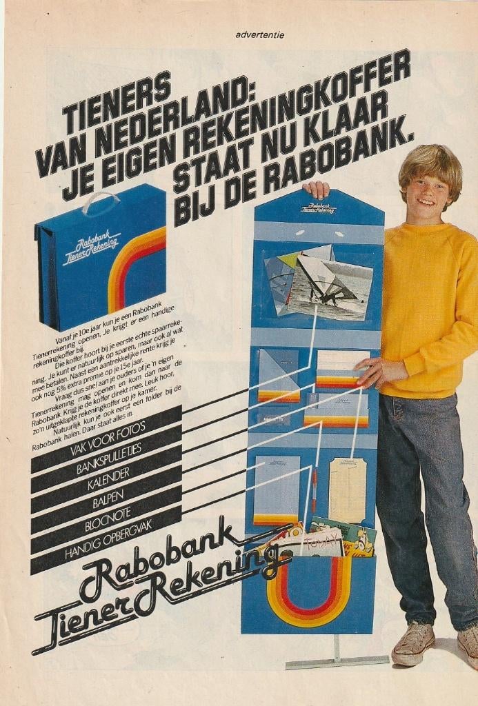 Retro reclame 1983 Rabobank tienerrekening jongetje met map, Verzamelen, Retro, Verzenden, Overige typen