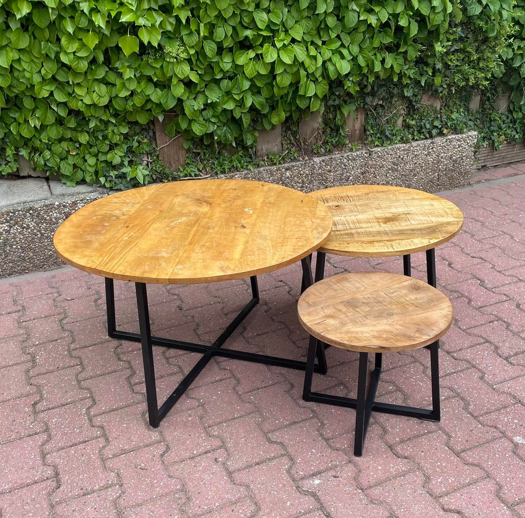Set van 3 Mango houten salontafels, Huis en Inrichting, Tafels | Salontafels, Ophalen, 50 tot 100 cm, Rond, 50 tot 100 cm