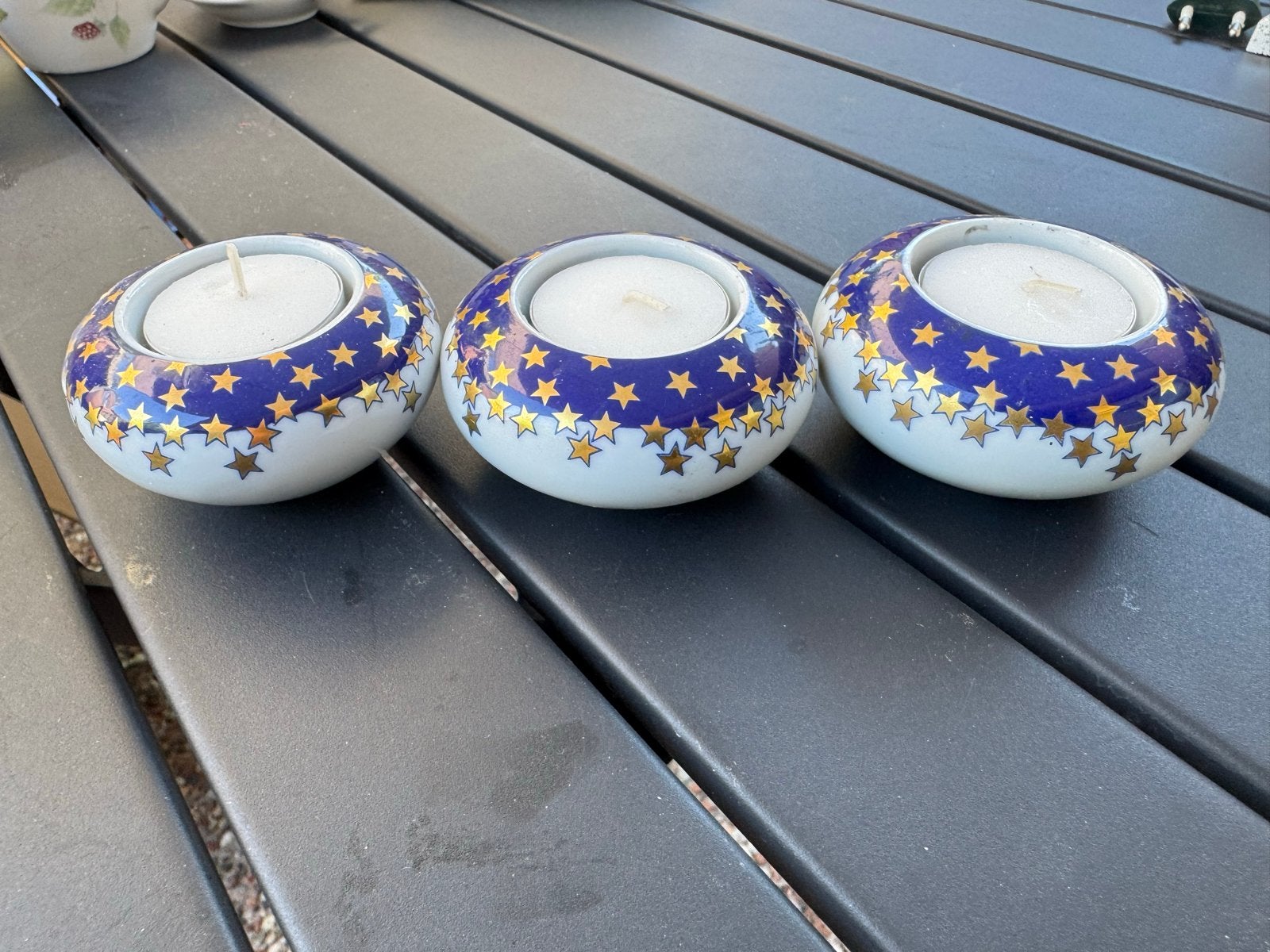 Set van 3 Arzberg waxinelichthouders - Blauw/Goud Sterren, Blauw, Overige merken, Waxinelichthouder, Ophalen of Verzenden