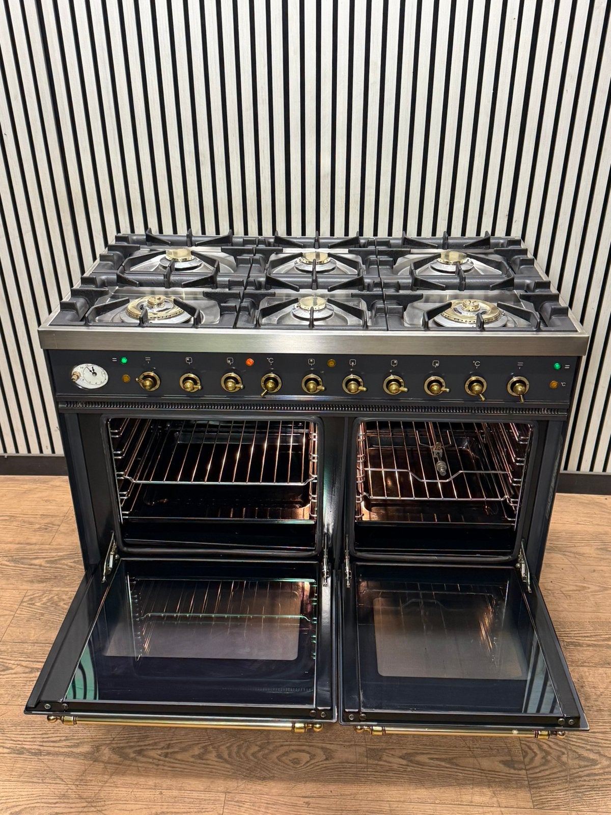 Luxe Boretti Fornuis 6 pits antraciet/messing 2 ovens 100 cm, Fornello Esperta, Ophalen of Verzenden, Zo goed als nieuw, Energieklasse A of zuiniger