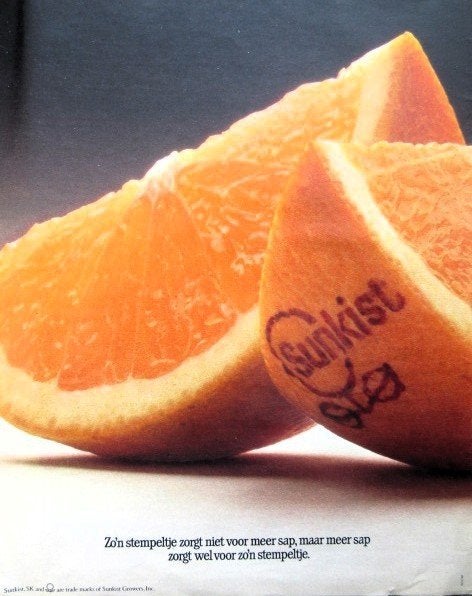 19 vintage reclames California Sunkist frisdrank 66-70 drank, Ophalen of Verzenden, Gebruikt, Reclamebord