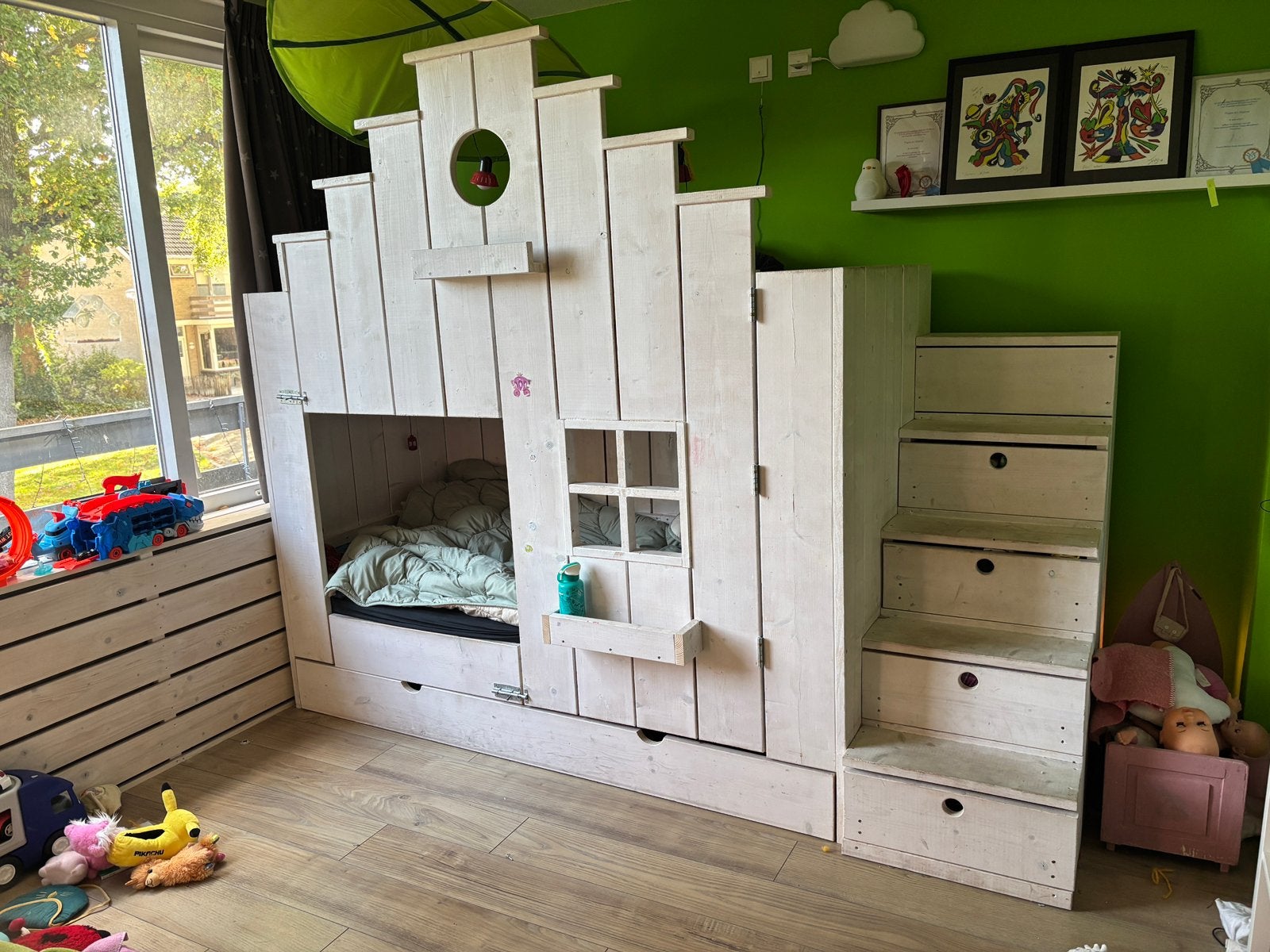 Massief houten kinderbed met uitschuiflade, Ophalen, Gebruikt, Stapelbed