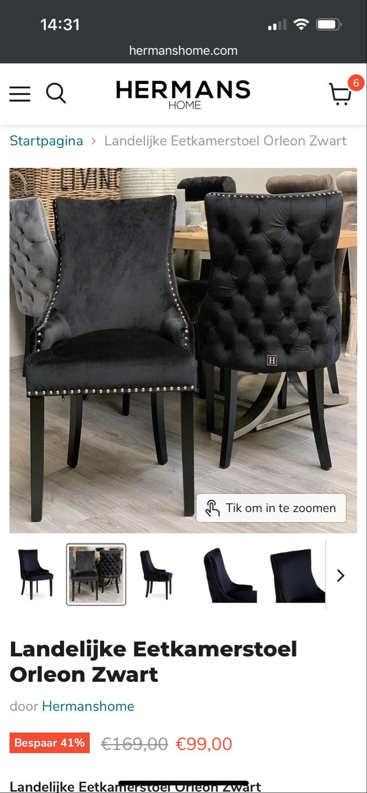 Set van 6 zwarte eetkamerstoelen, landelijke stijl, Ophalen, Gebruikt, Zwart, Stof