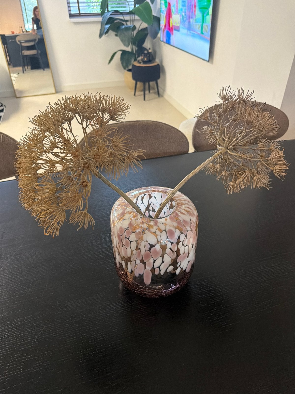 Glazen vaas met spikkelpatroon en berenklauw, Ophalen, Meerkleurig, Geschikt voor droogbloemen, Glas