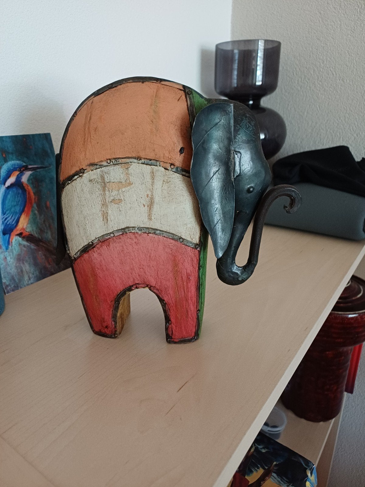 Hout met metalen olifant, heel apart, Antiek en Kunst, Ophalen of Verzenden