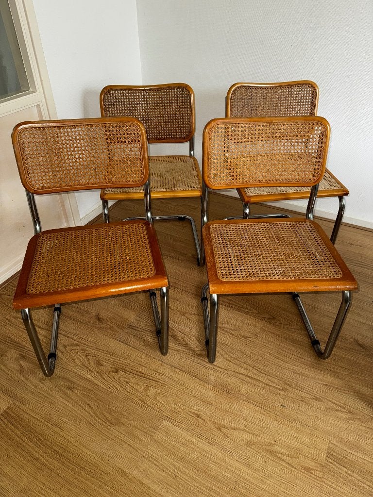 4 vintage Cesca stijl stoelen – buisframe – rotan/webbing, Ophalen, Gebruikt, Vier, Vintage Design