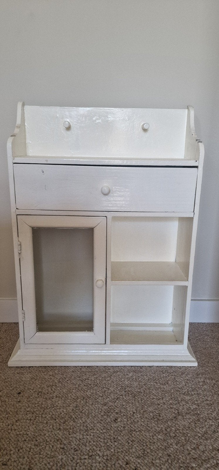 Vintage wit wandkastje met lade en glazen deur, Antiek en Kunst, Ophalen