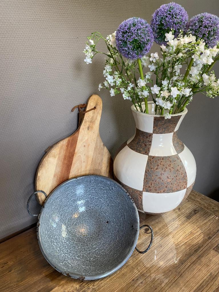 Brocante emaille wokpan - grijs gewolkt, Ophalen of Verzenden