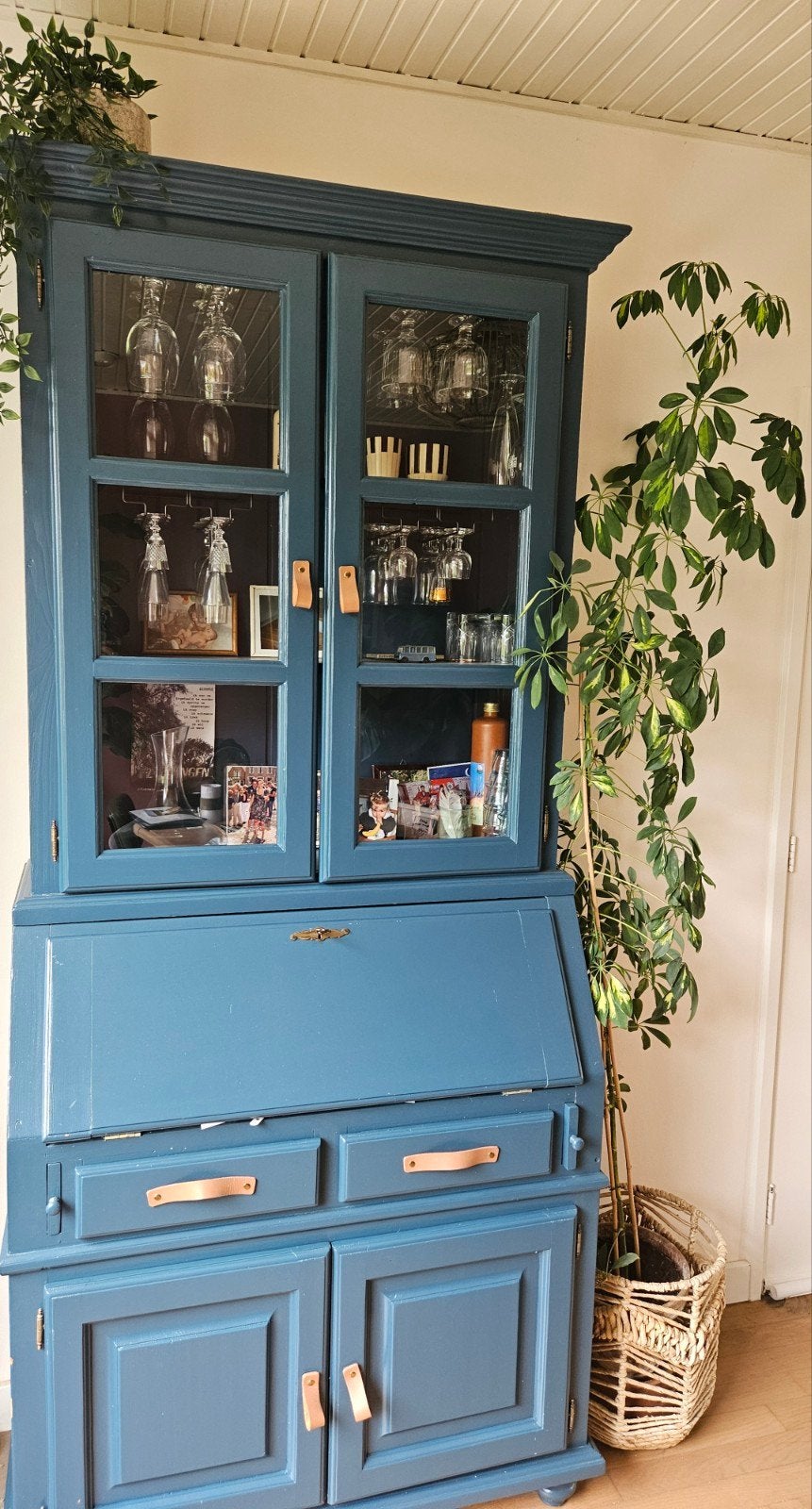 Vintage secretaire met vitrinekast - Petrolblauw, Ophalen