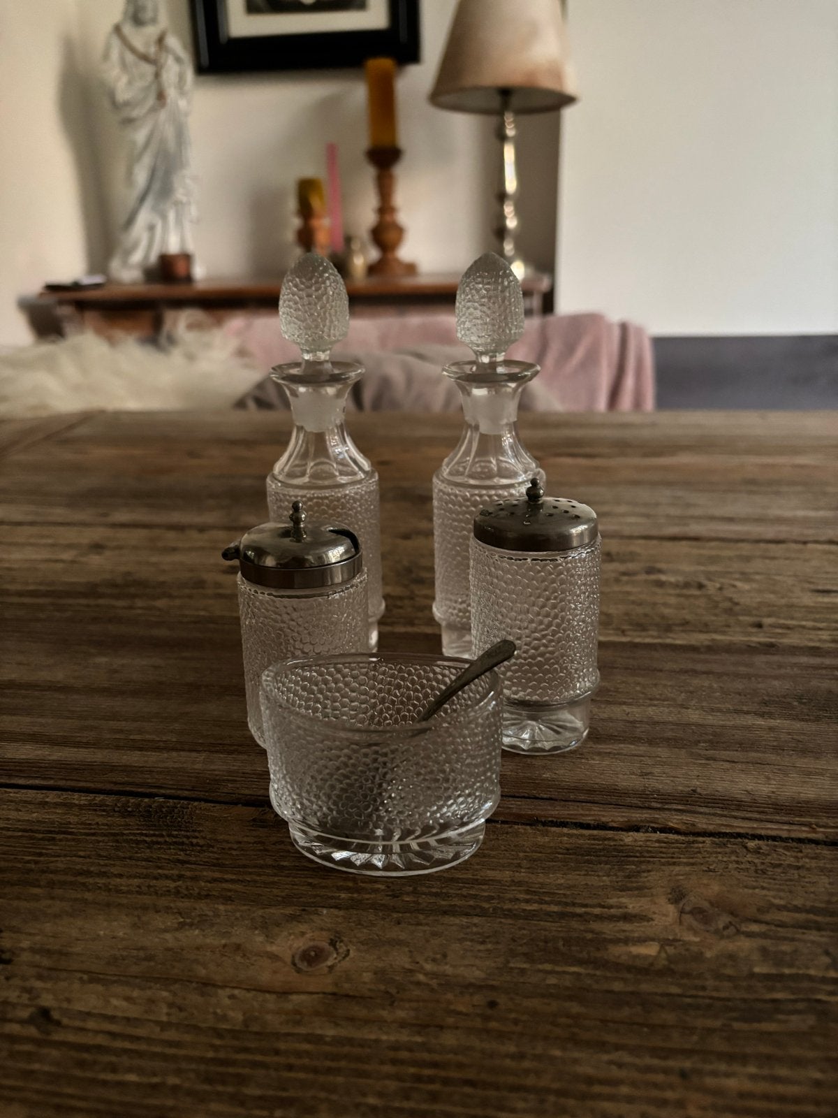 Vintage glazen olie- en azijnstel met verzilverde details, Ophalen of Verzenden