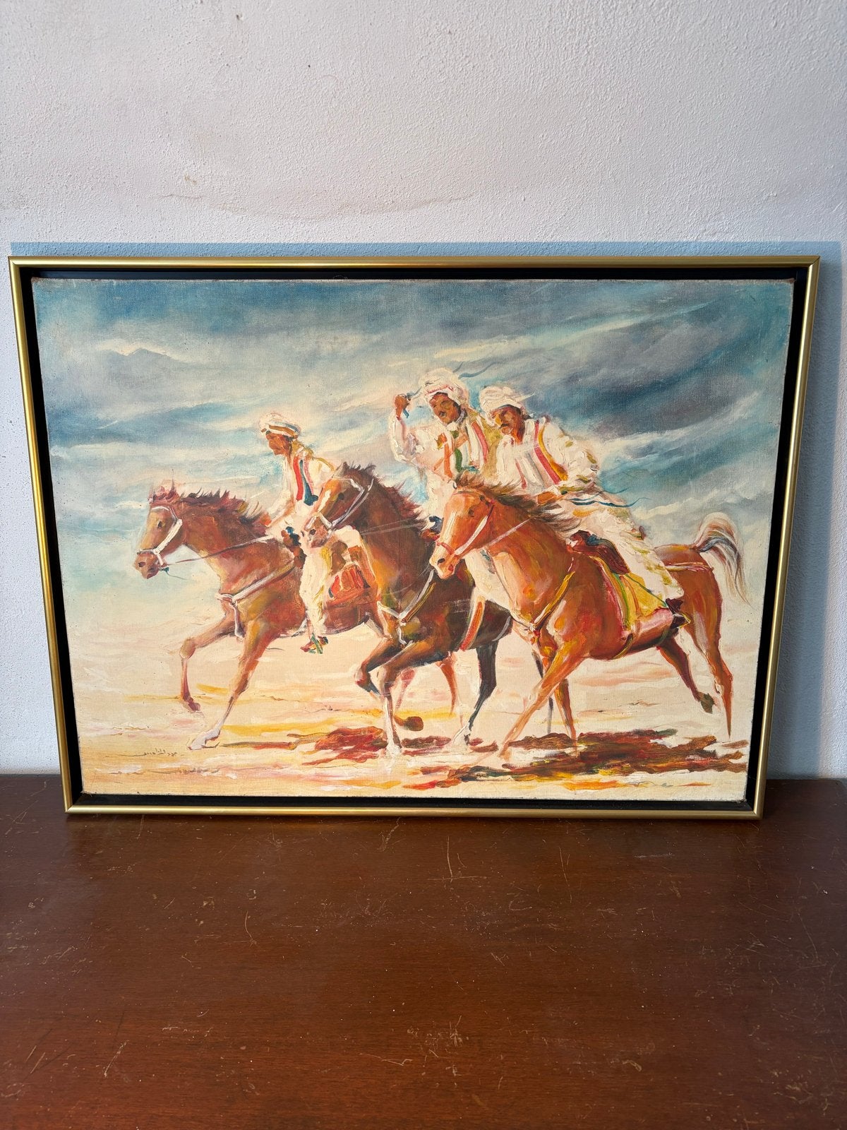 Schilderij: Arabische ruiters te paard in woestijn, Ophalen, Doek, Portret of Personen, Realistisch