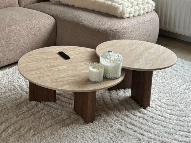 Twee delige salontafel set bruin beige, Huis en Inrichting, Tafels | Salontafels, Ophalen, 50 tot 100 cm, Rond, 50 tot 100 cm