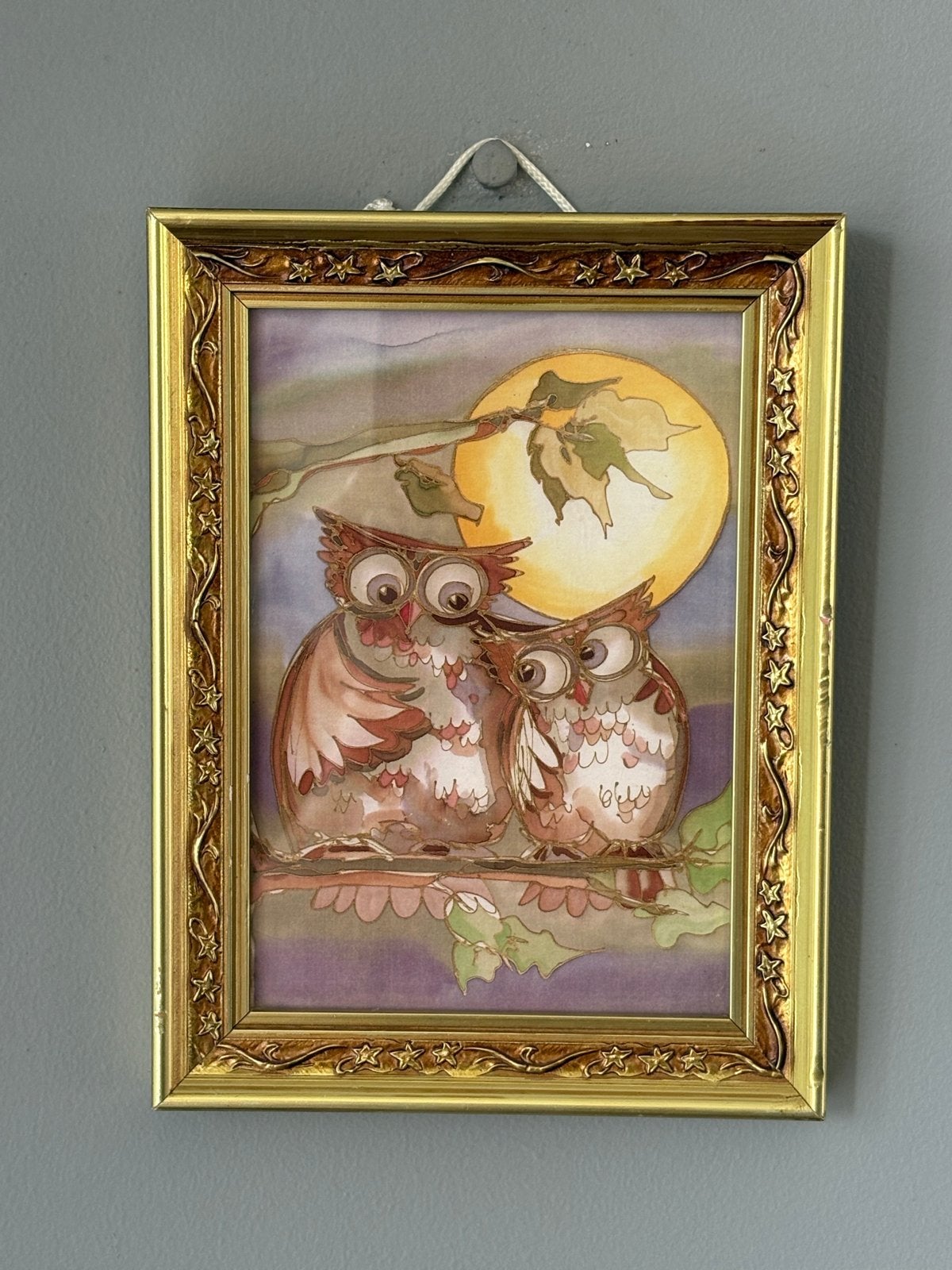 Schilderij met uilen in maanlicht, ingelijst, Realistisch, Dieren, Ophalen of Verzenden, Aquarel