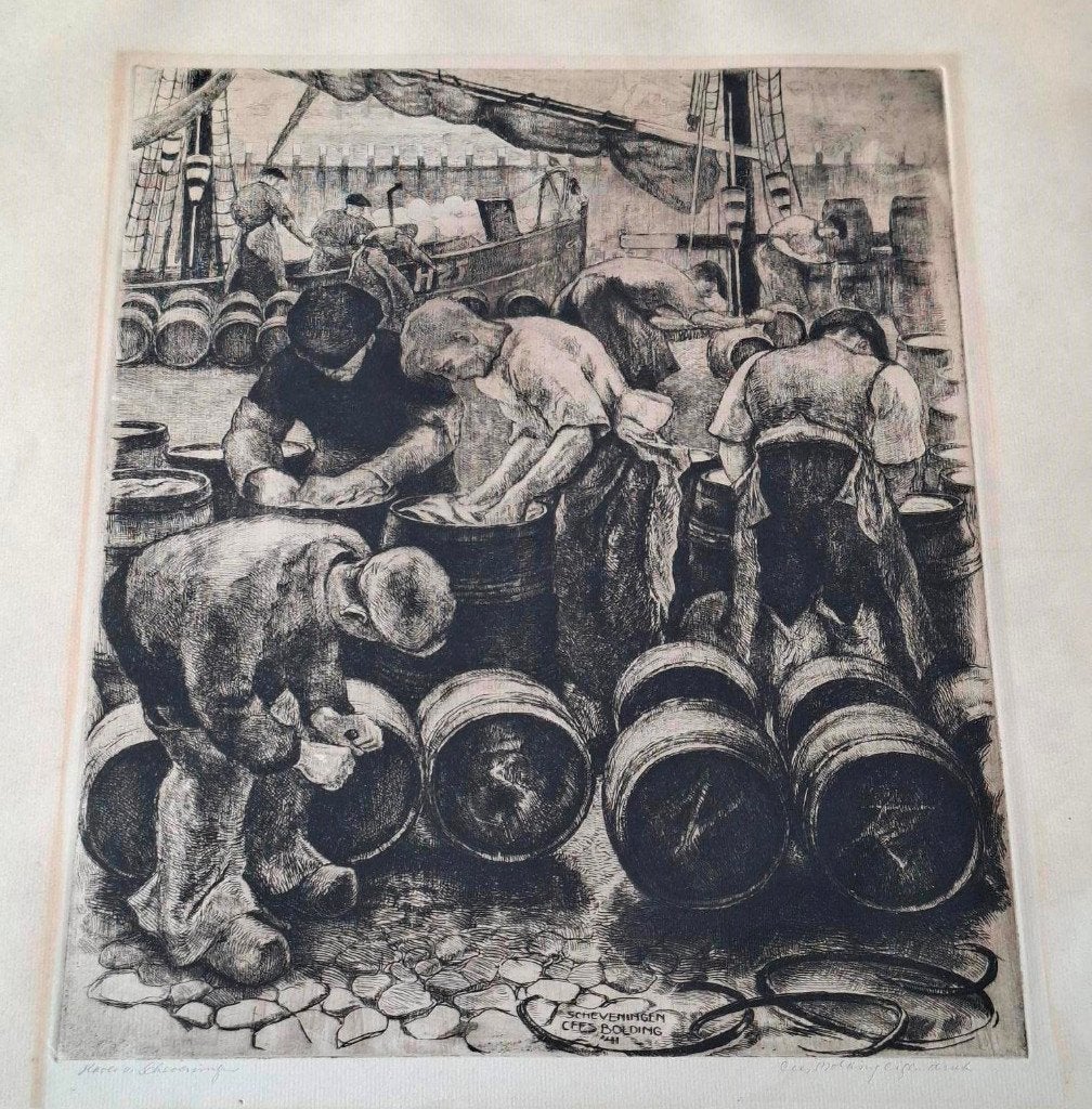 Cees Bolding - ets "Haringpakkers Scheveningen", Ophalen, Dagelijks leven, Ets, 36 cm