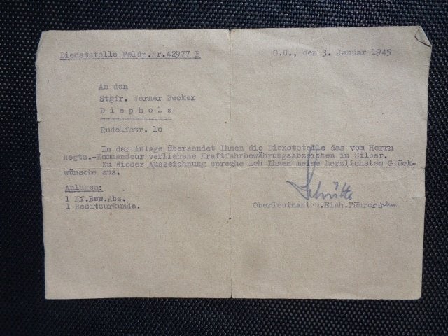 Uitreiking zilveren Kraftfahrbew. Abzeichen , 3 jan. 1945, Verzamelen, Militaria | Tweede Wereldoorlog, Verzenden, Landmacht, Duitsland