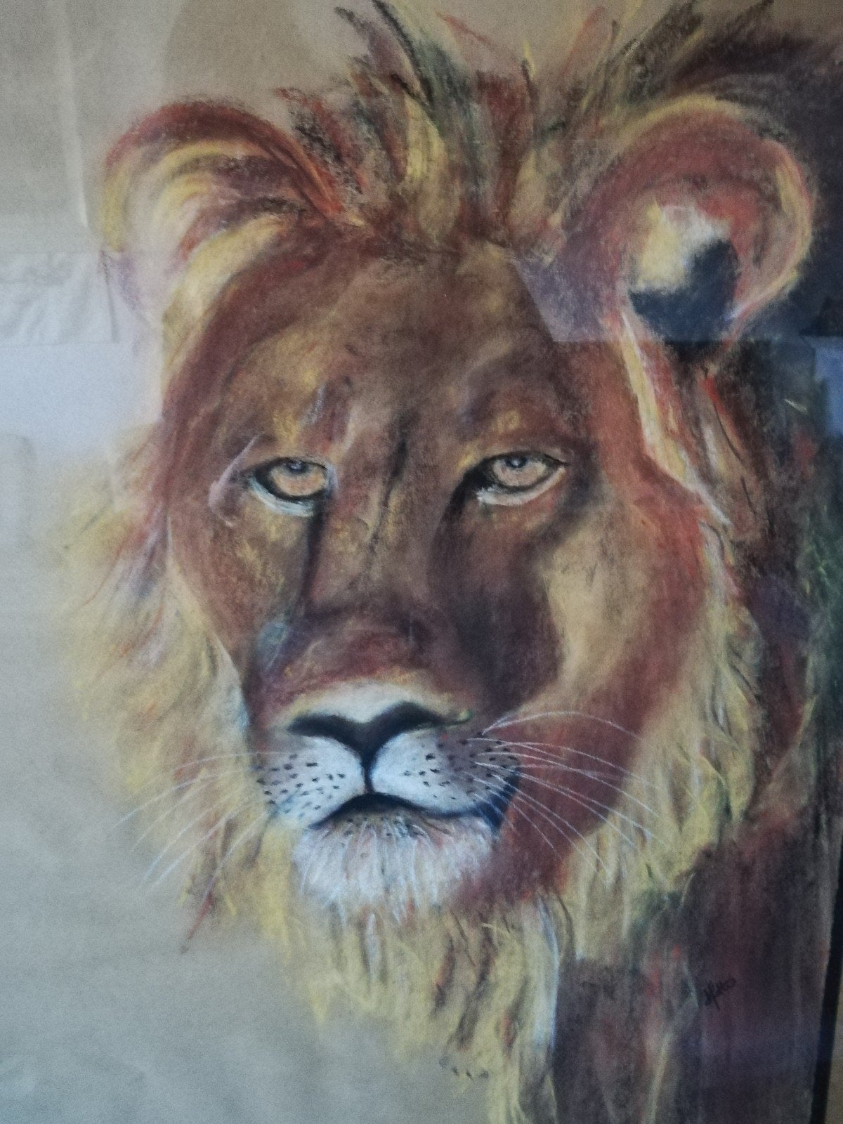 Leeuwenkop, pastel. Gesigneerd. 53/73 cm., Antiek en Kunst, Ophalen