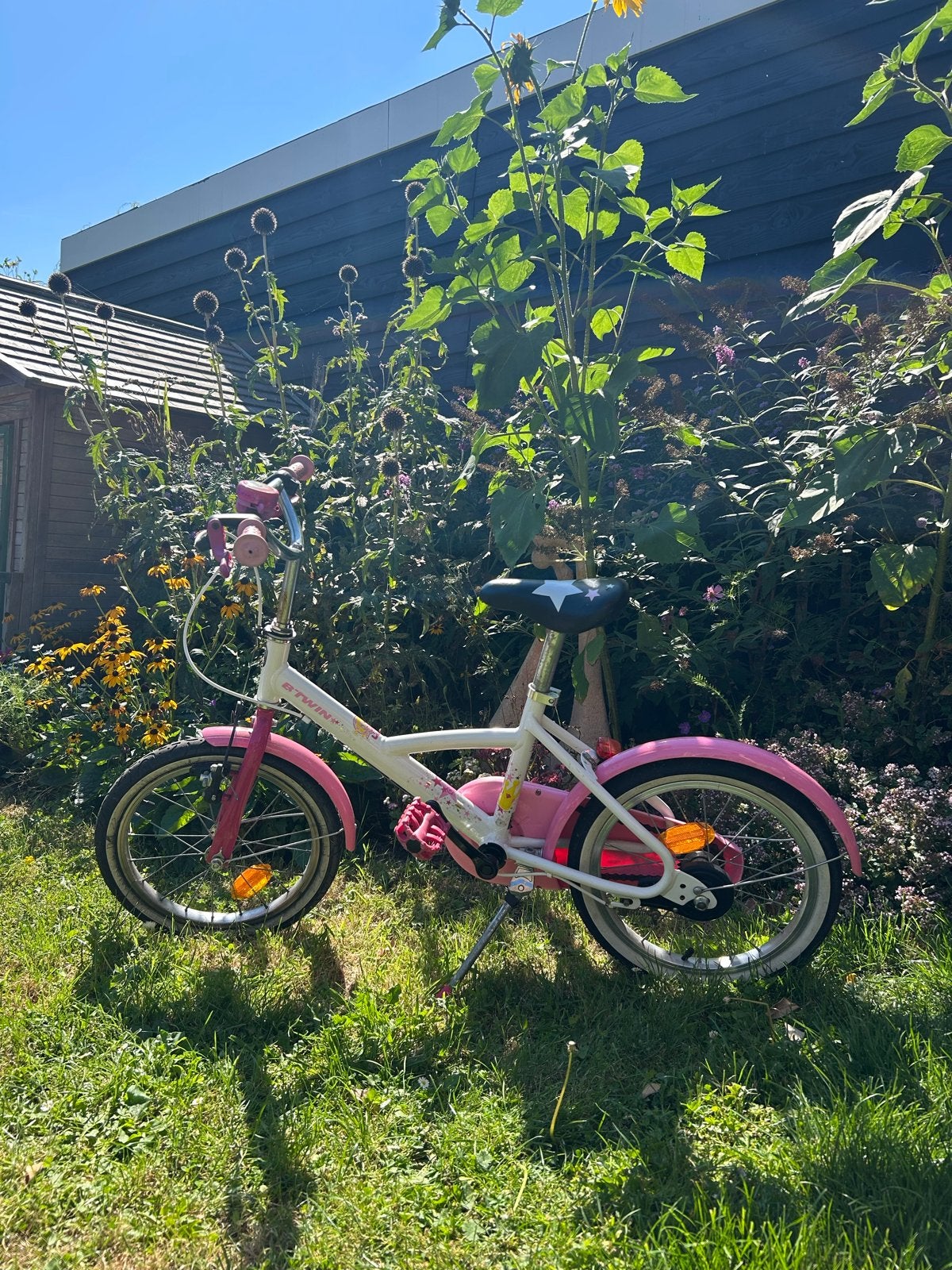 Kinderfiets B'Twin 16 inch - Roze/Wit, Ophalen, Gebruikt, Velgrem, 16 tot 20 inch