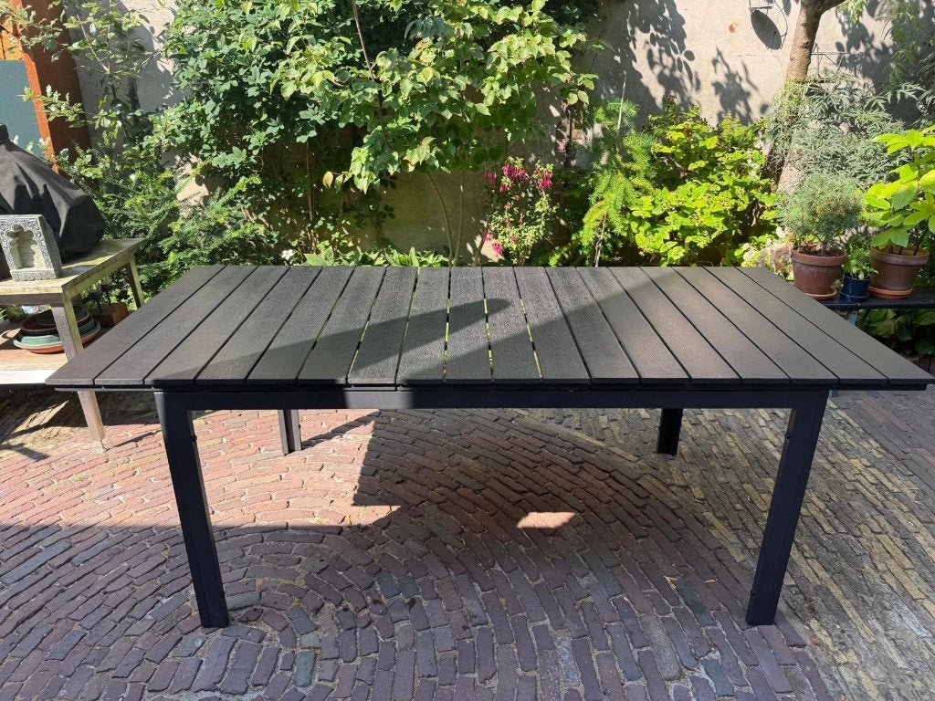 Luxe kunststof tuintafel - met tussenstuk -in houtlook, Ophalen, Gebruikt, Rechthoekig, Kunststof