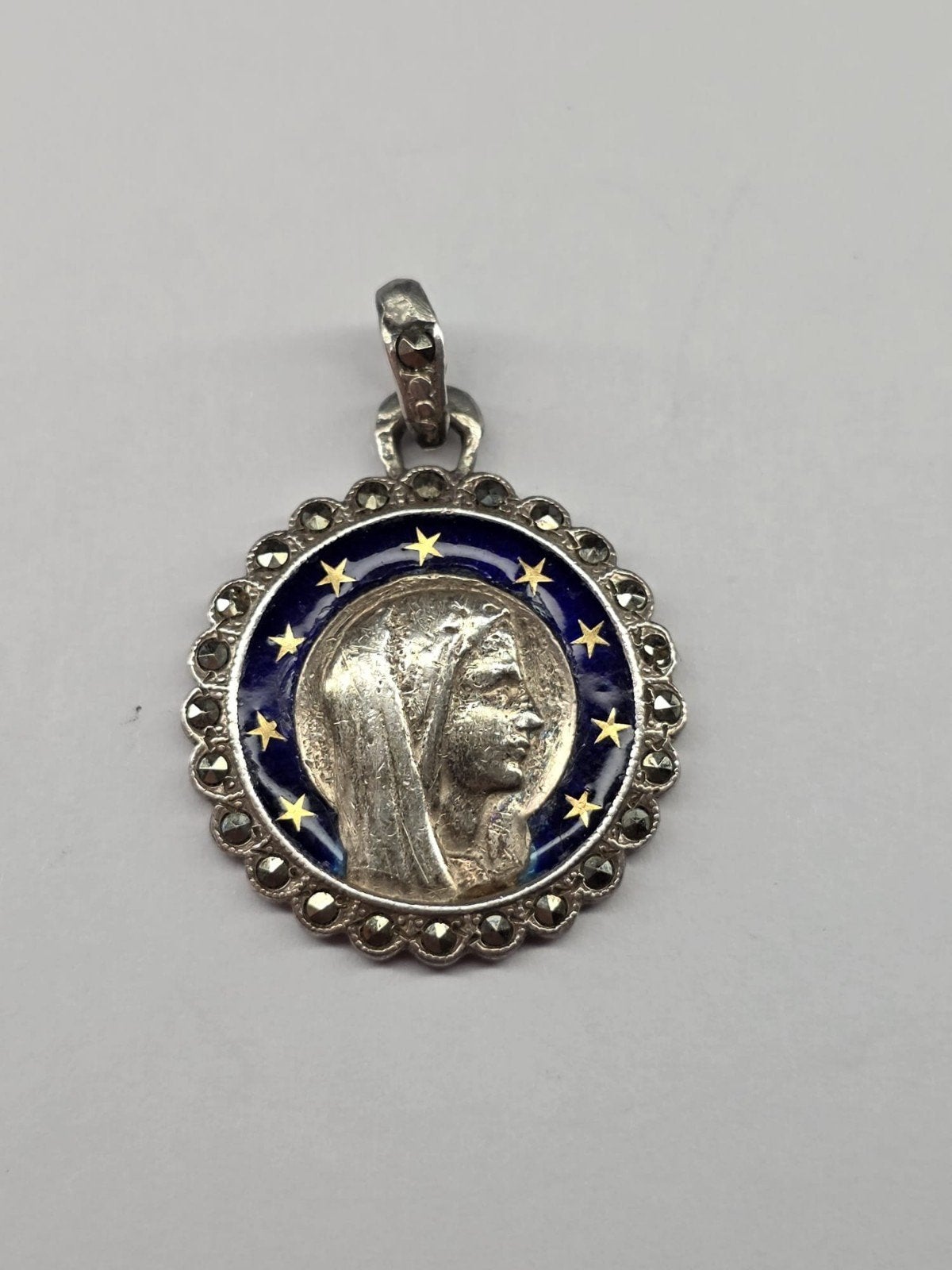 Antieke Zilveren Heilige Madonna met Blauwe Emaille en Marka, Verzenden, Zilver