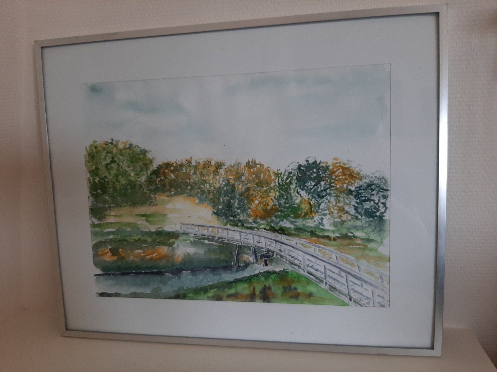 Ingelijste aquarel landschap met bruggetje, Ophalen of Verzenden