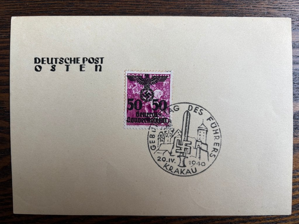Propaganda kaartje WO2 bezet Polen , geboortedag Hitler, Verzenden, Duitse Keizerrijk, Gestempeld