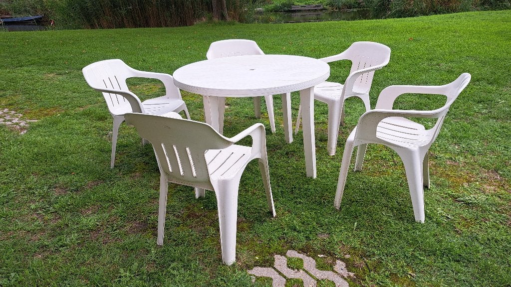 Tuintafel met 5 stoelen, Tuin en Terras, Ophalen, Gebruikt, Rond, Kunststof