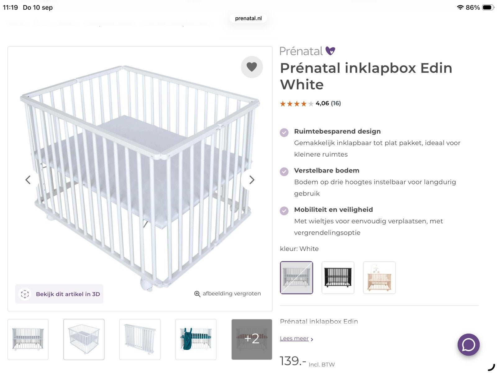 Prénatal inklapbox Edin White, Kinderen en Baby's, Boxen, Ophalen, Zo goed als nieuw, Rechthoekig, In hoogte verstelbaar