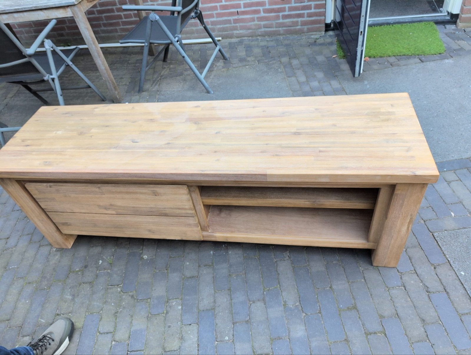 Houten tv-meubel met lade en open vakken, Gebruikt, 100 tot 150 cm, Landelijke, moderne stijl, Ophalen of Verzenden