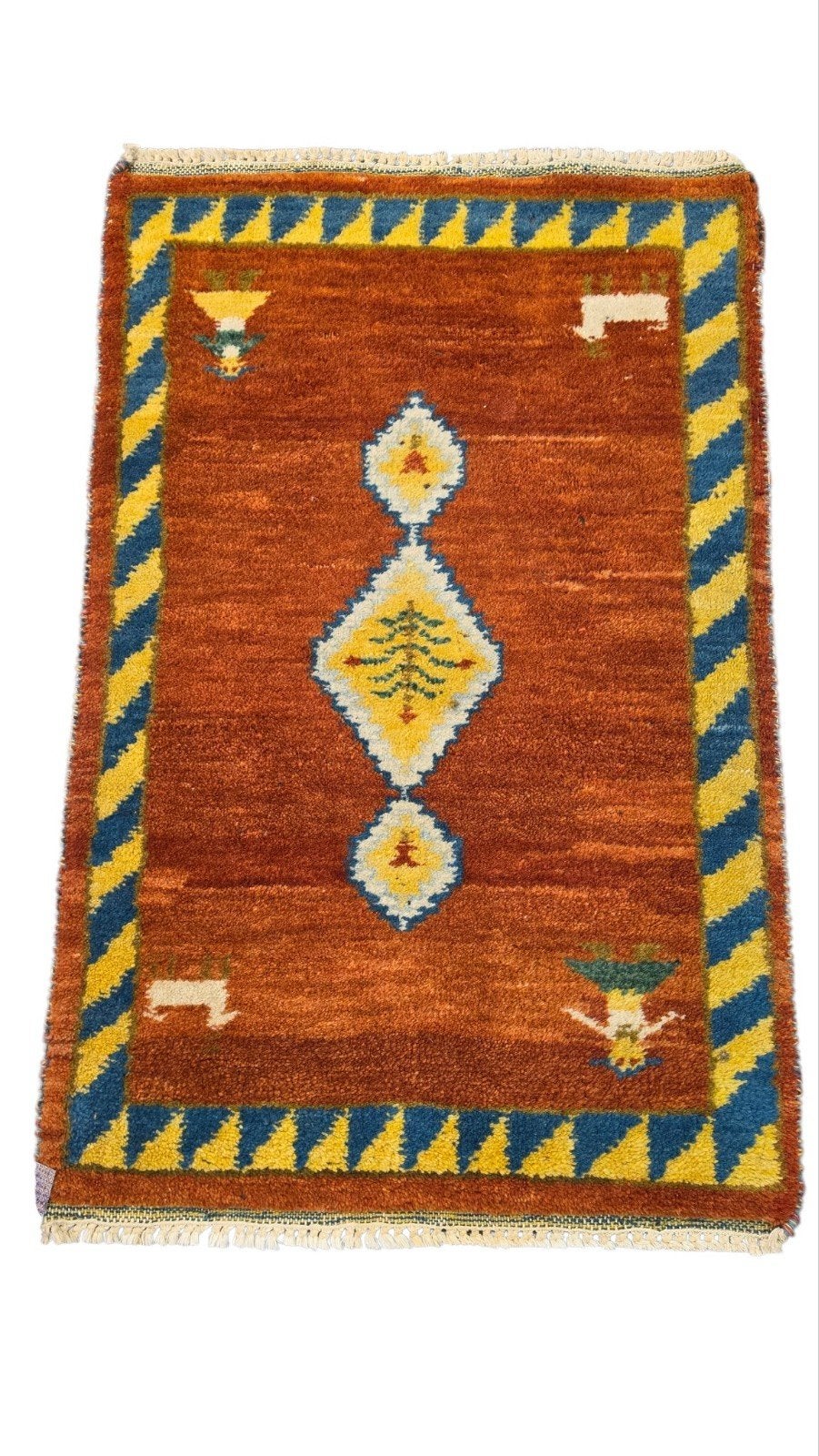 Handgeknoopt oosters wol Gabbeh tapijt modern orange 62x95cm, Gebruikt, 50 tot 100 cm, Blauw, Perzisch, Traditioneel, Handgeknoopt