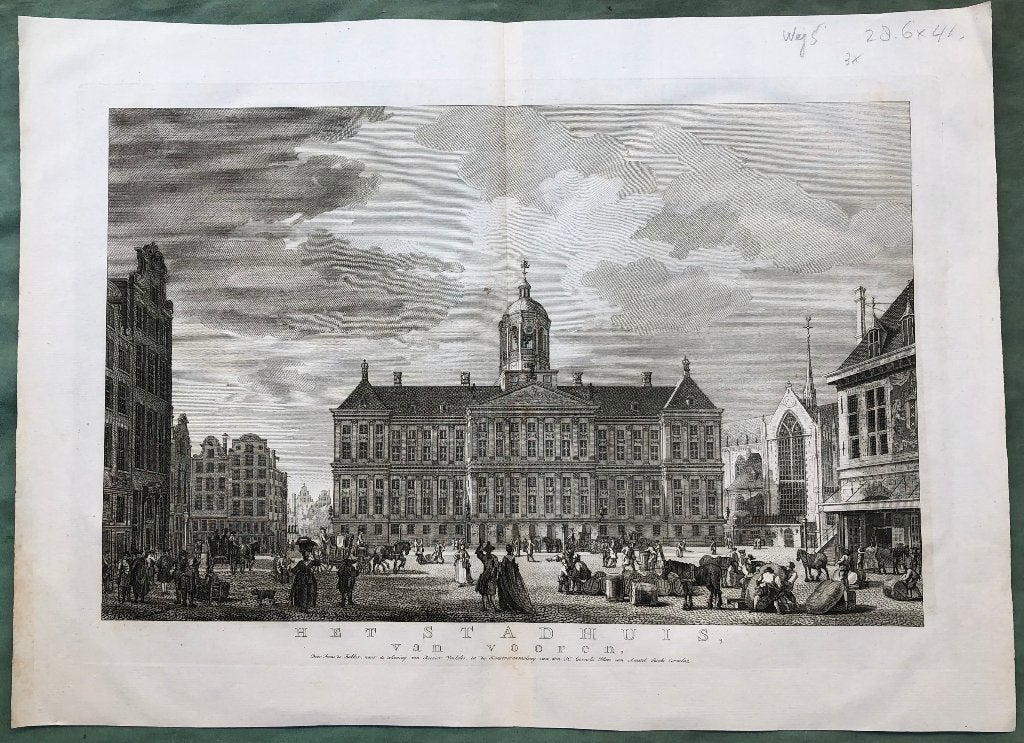 Amsterdam kopergravure 18e eeuw Stadhuis Koninklijk Paleis, Antiek en Kunst, Kunst | Etsen en Gravures, Stadsgezicht, Ophalen of Verzenden