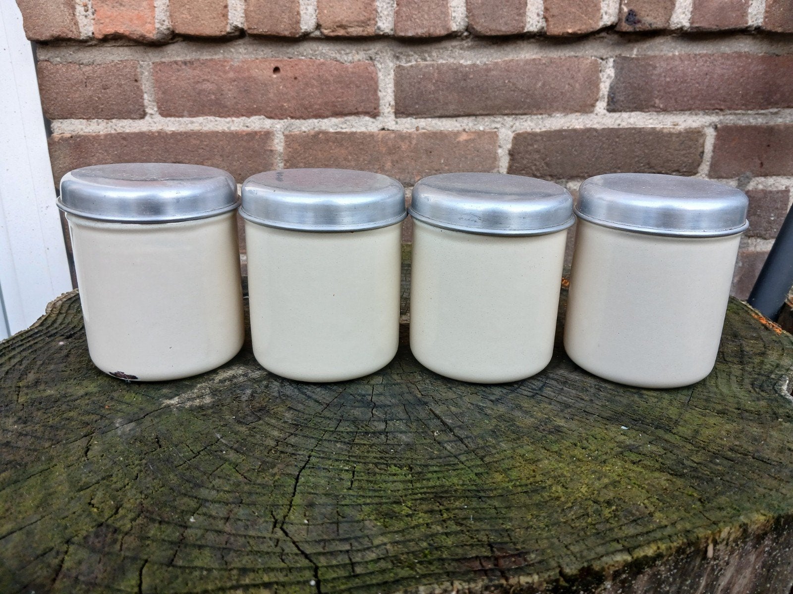 Set van 4 crème emaille kruidenbusjes., Ophalen of Verzenden