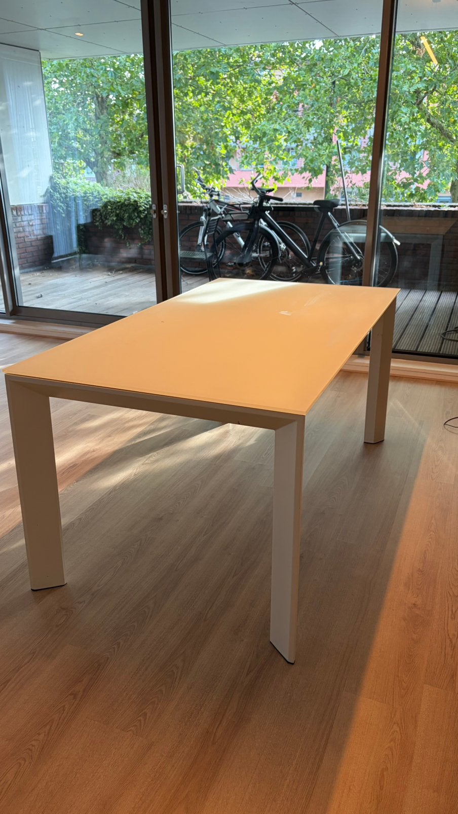 Design eettafel uitschuifbaar wit glas 160/220 cm, Ophalen, 200 cm of meer, 50 tot 100 cm, Rechthoekig
