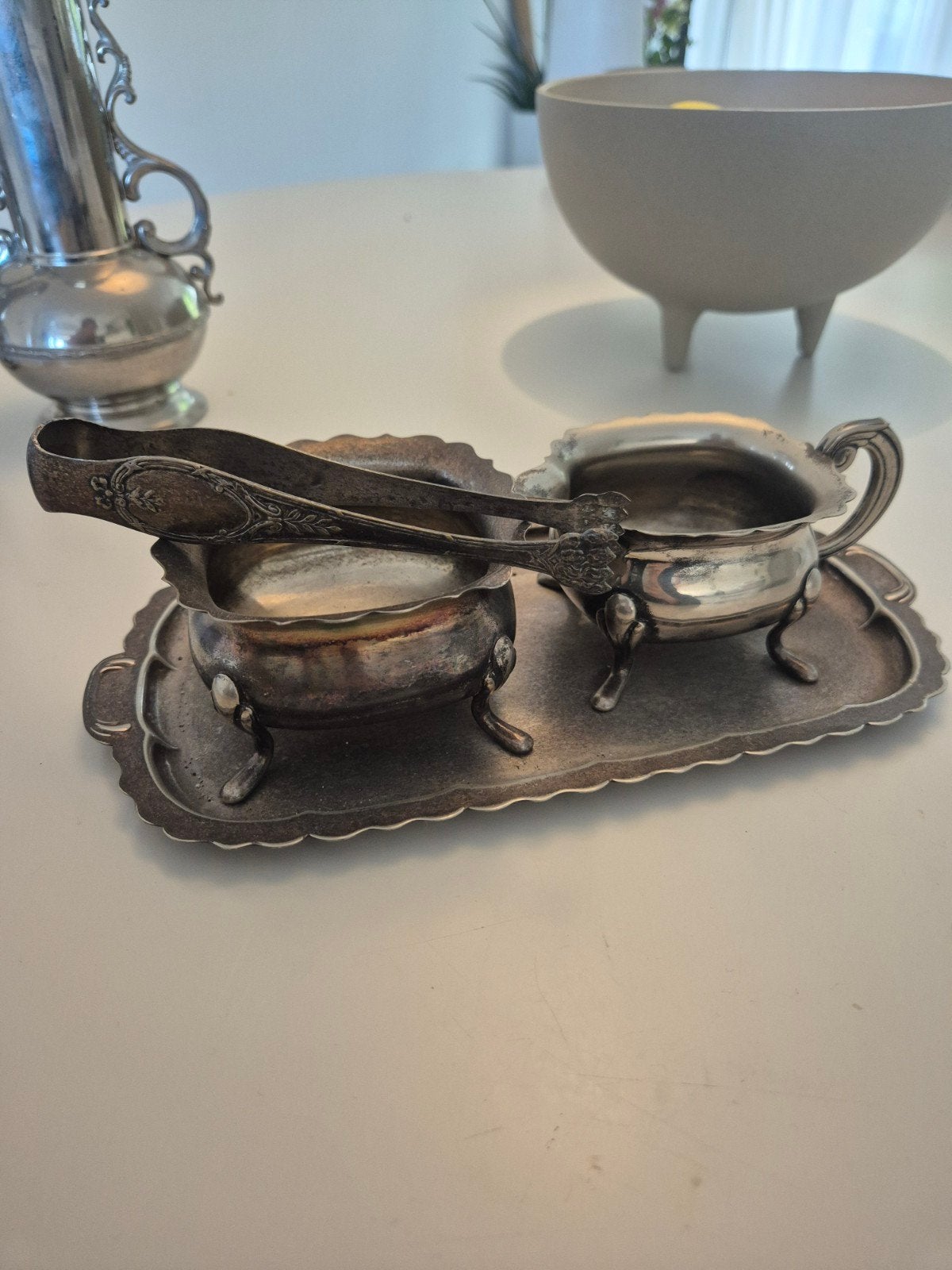 Antiek zilverkleurig suiker- en roomstel met tang, Antiek en Kunst, Ophalen, Zilver