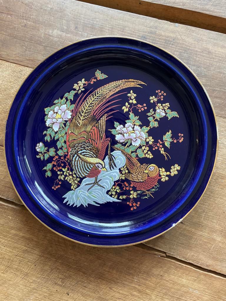 Kobaltblauw decoratief bord met fazanten, Ø 26 cm, Ophalen of Verzenden