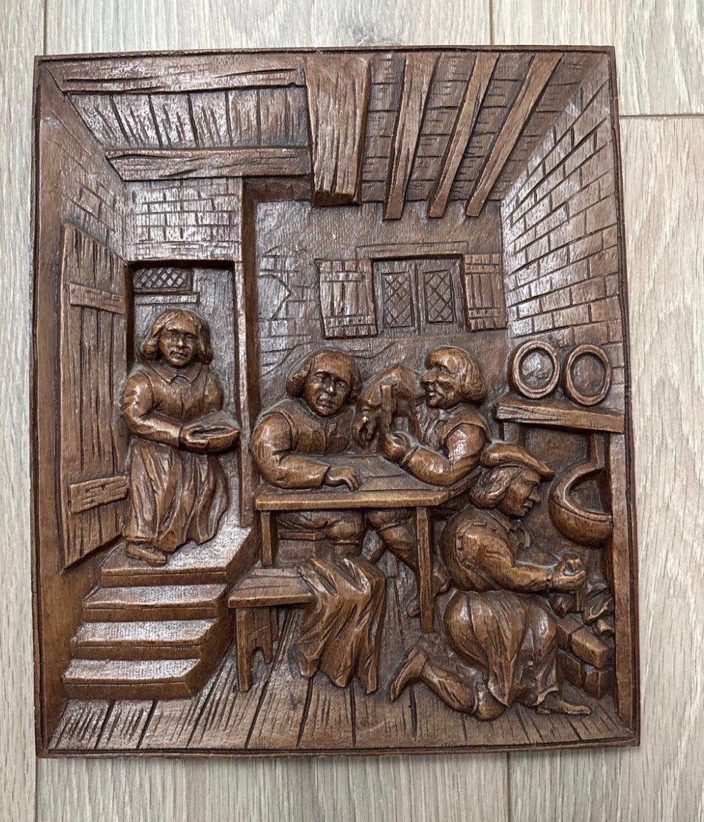 Antiek Houten Wandpaneel - Scène uit het Dagelijks Leven, Ophalen of Verzenden, Handgemaakt, Wanddecoratie, 20 - 50 cm