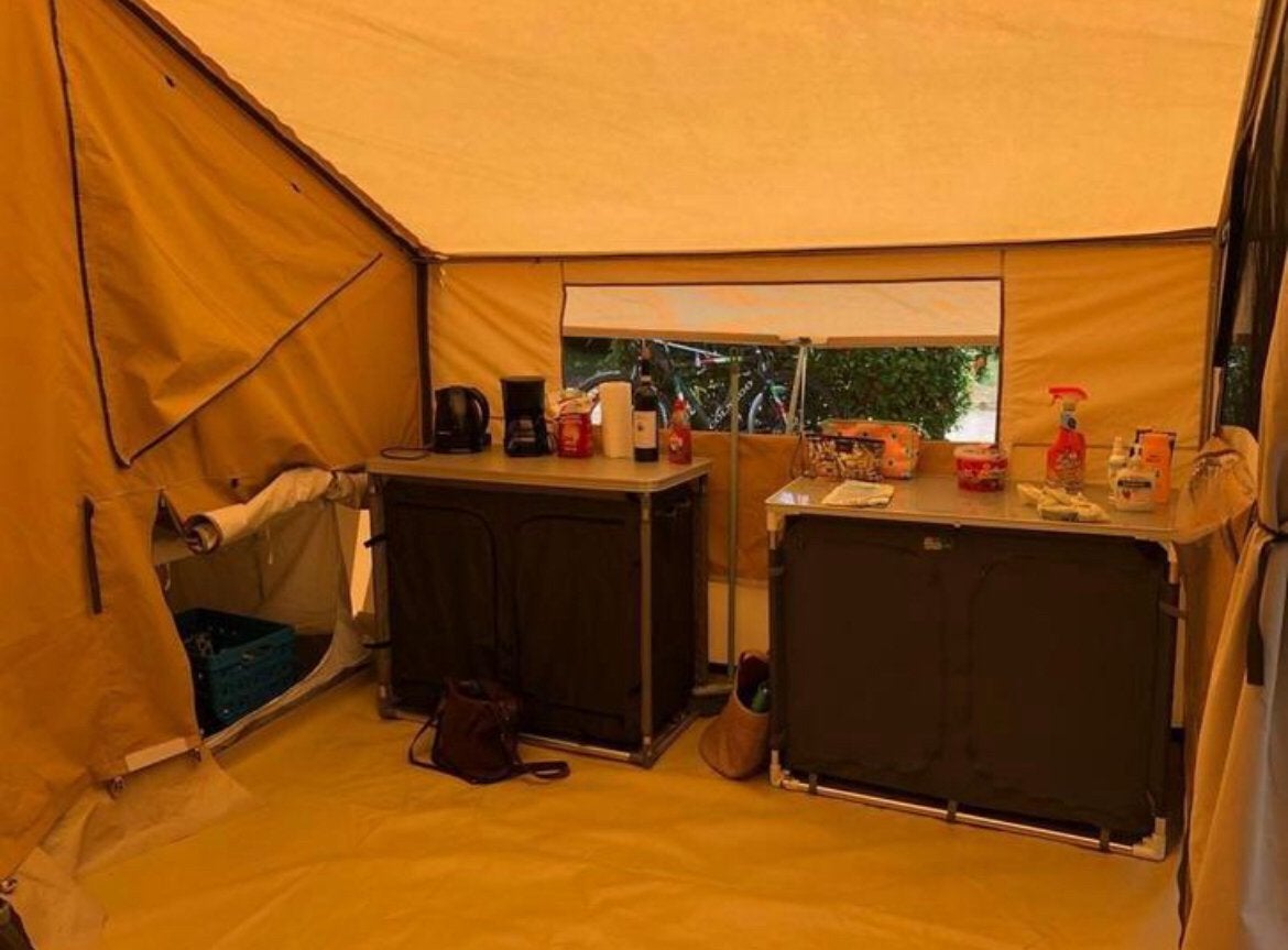 Vouwwagen met safaritent. Cabanon safari lodge. 4 tot 8 p., Caravans en Kamperen, Vouwwagens, Beige, Cabanon, Meer dan 6, Ophalen