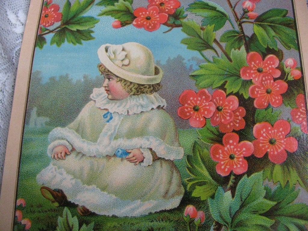 Antiek Scrap Prentje - Meisje met Witte Muts & Jas / Bloemen, Verzenden