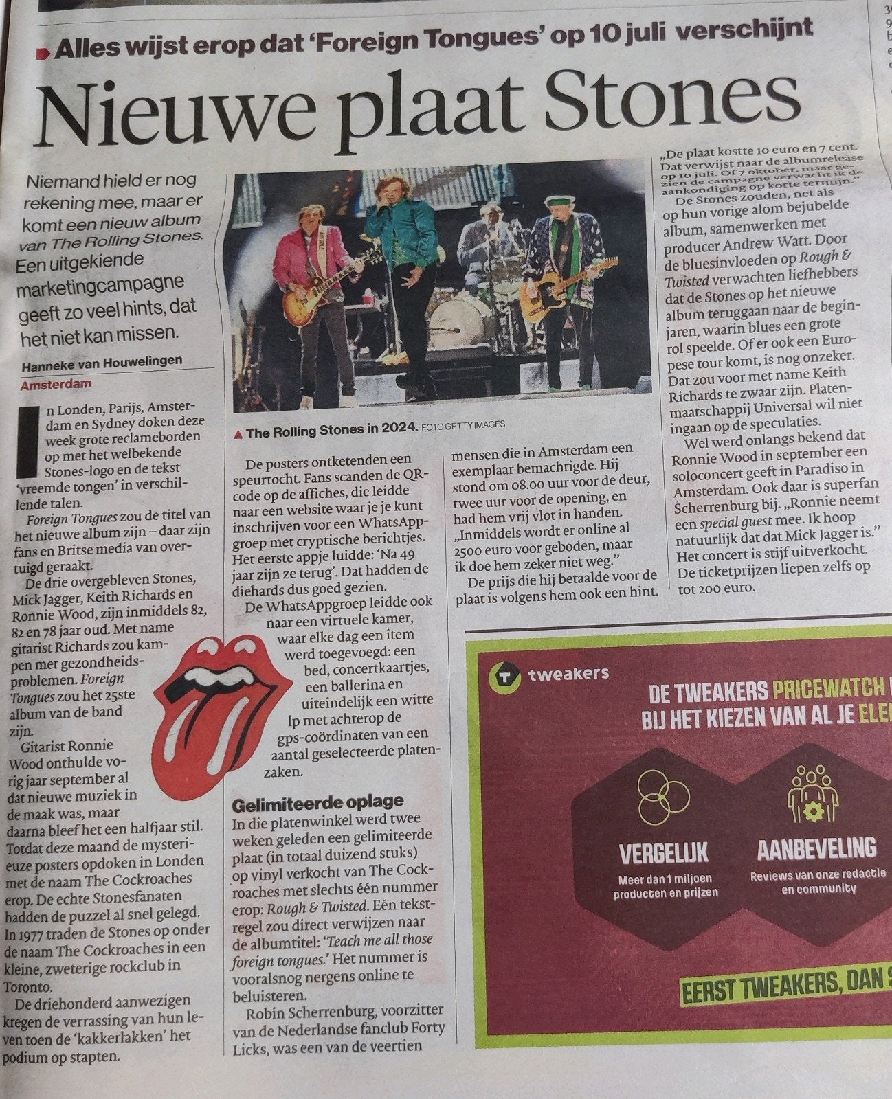 Komt nieuw album Rolling Stones. Krantenartikel, Ophalen of Verzenden, 1980 tot heden, Nederland, Knipsel(s)