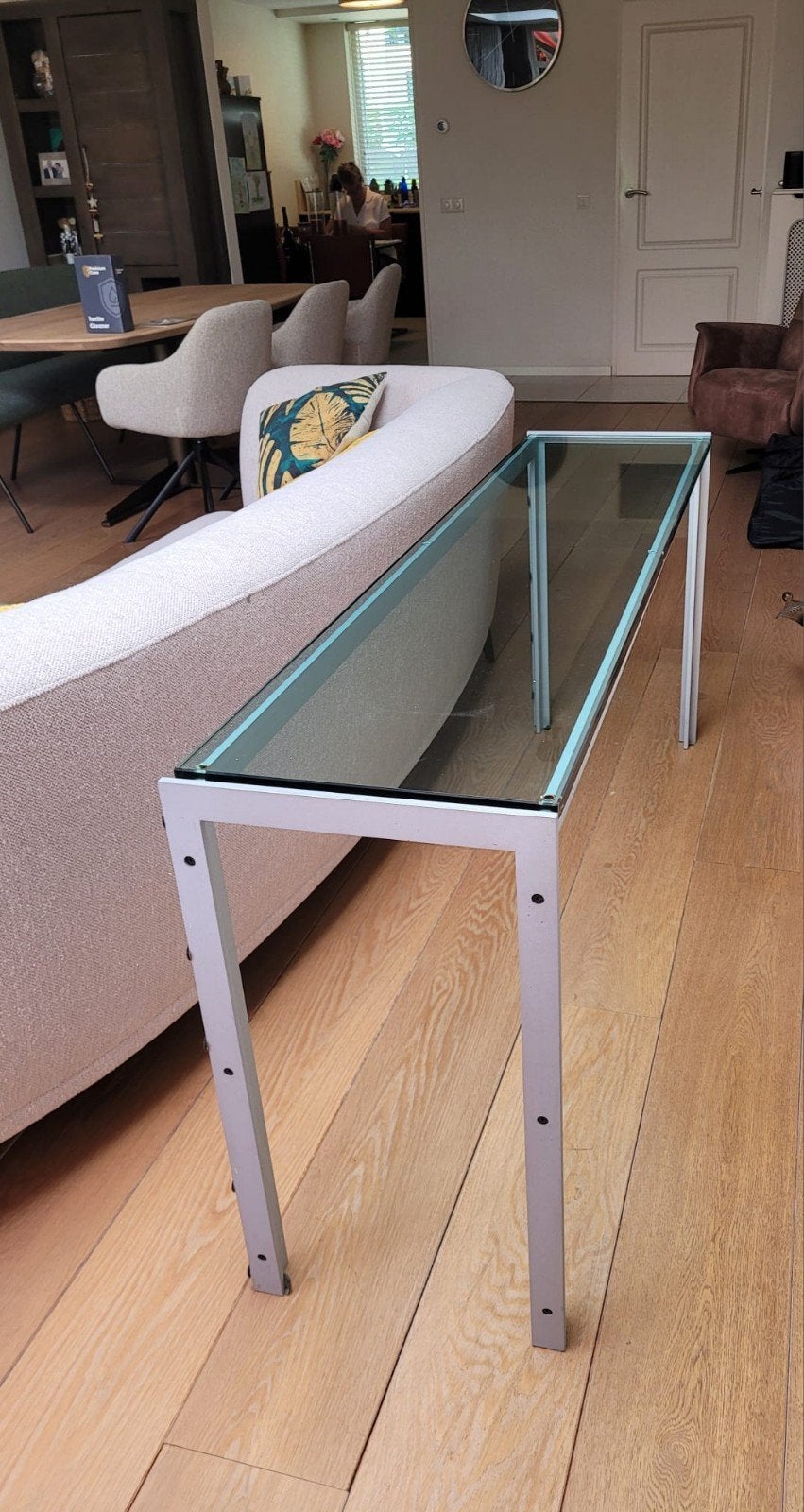 Stijlvolle sidetable/wandtafel met glazen blad, Gebruikt, Verzenden, Glas, 150 tot 200 cm