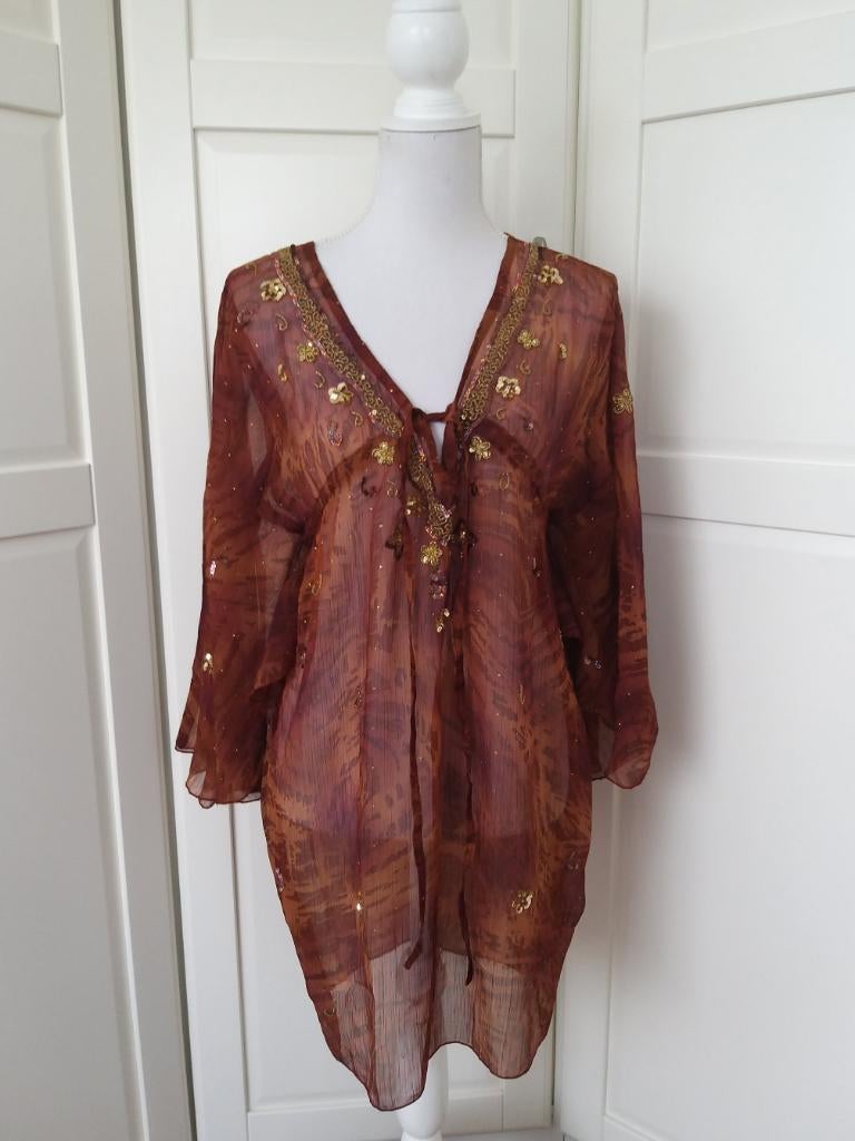Nieuwe bruine ibiza gipsy hippie chiffon tuniek, maat L, Ophalen of Verzenden, Nieuw, Maat 42/44 (L), Bruin