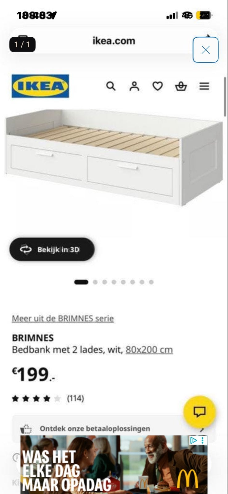 IKEA BRIMNES Bedbank met 2 lades, wit, 80x200 cm, Ophalen, Eenpersoons, Wit, Zo goed als nieuw
