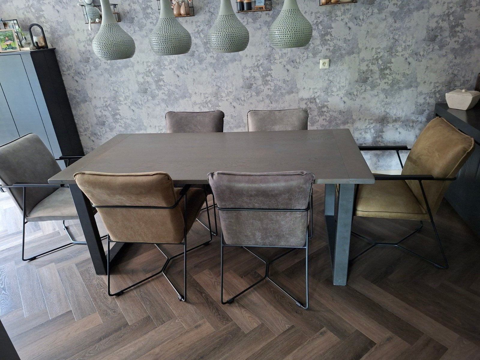 Eettafel met stalen poot en eiken blad met 6 stoelen, Ophalen, Gebruikt, 50 tot 100 cm, 150 tot 200 cm
