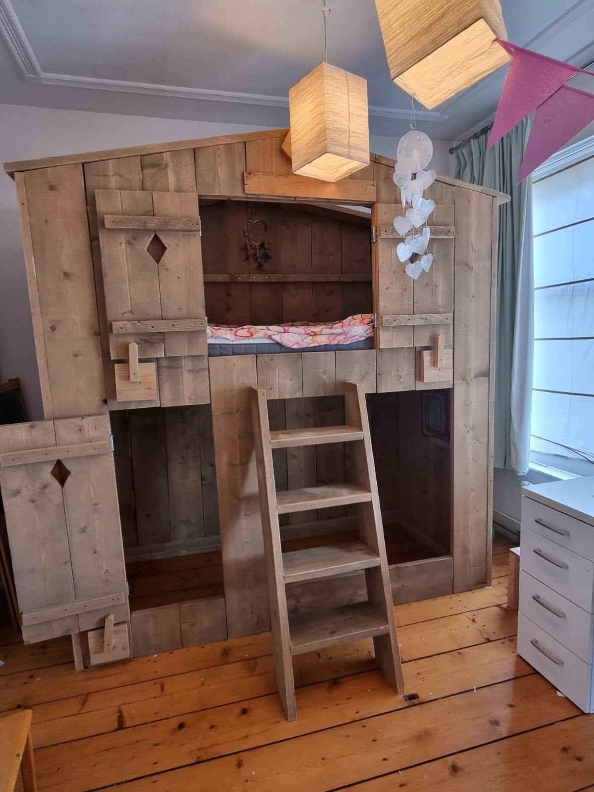 houten stapelbed, huisbed, boomhutbed, Ophalen, Eenpersoons, 90 cm, Hoogslaper
