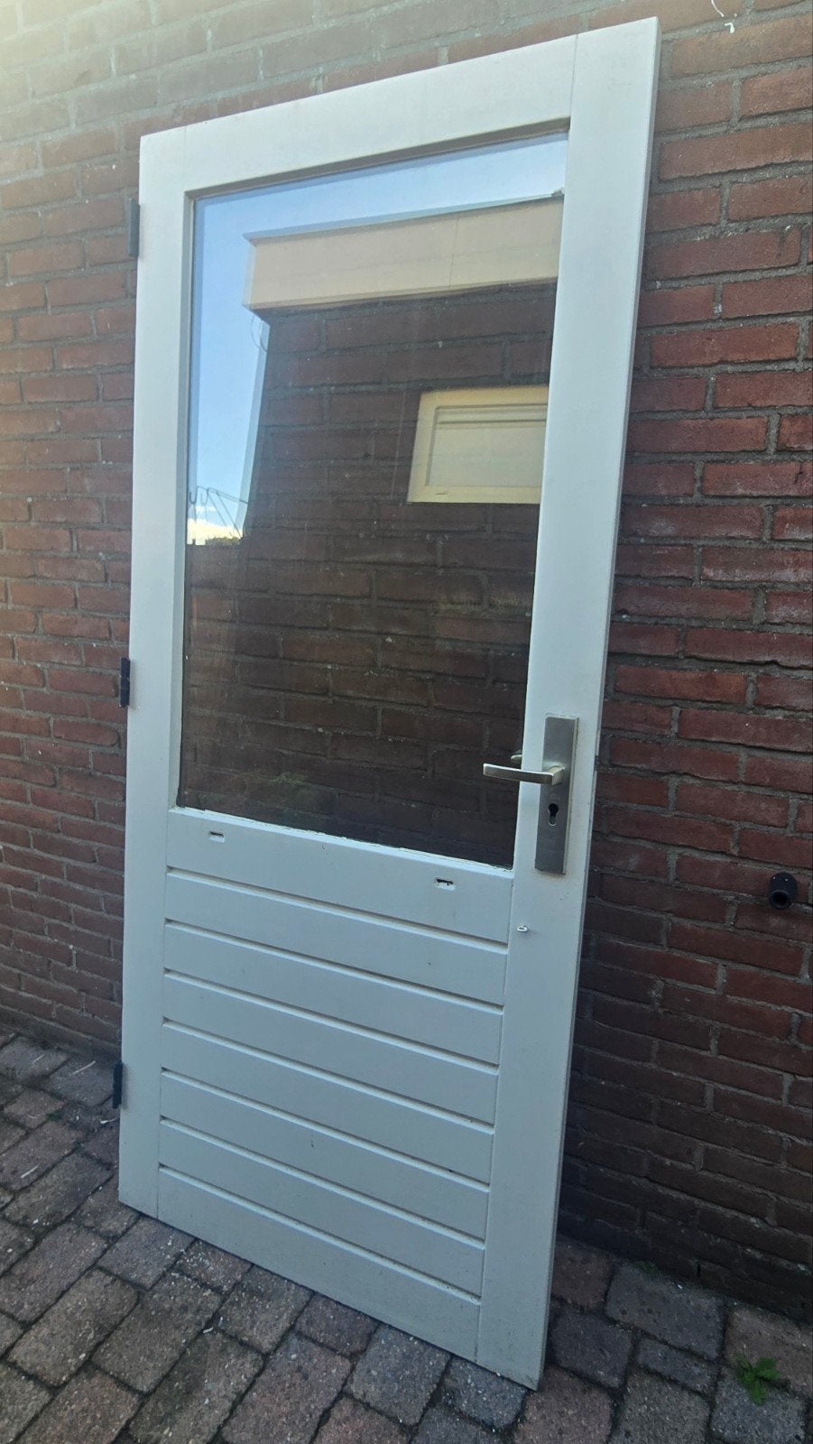 Hardhouten buitendeur met dubbelglas., Ophalen, Gebruikt, 80 tot 100 cm, Buitendeur