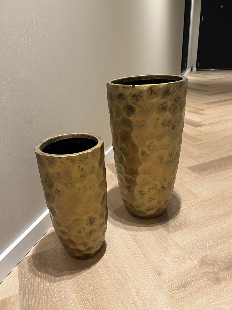 Set van 2 gouden bloempotten, hoog model, Tuin en Terras, Bloempotten, Overige materialen, Rond, Binnen, Zo goed als nieuw