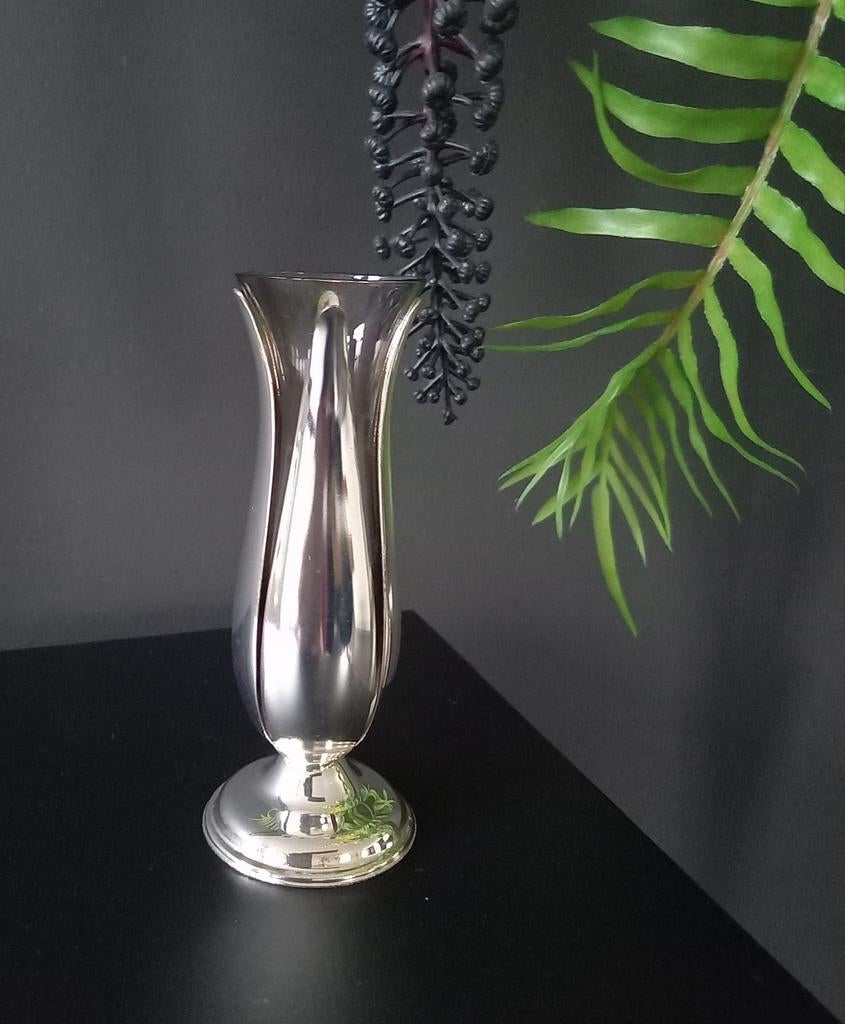 Vaasje van gerookt glas H-15 cm metalen tulpenblad jaren '70, Ophalen of Verzenden