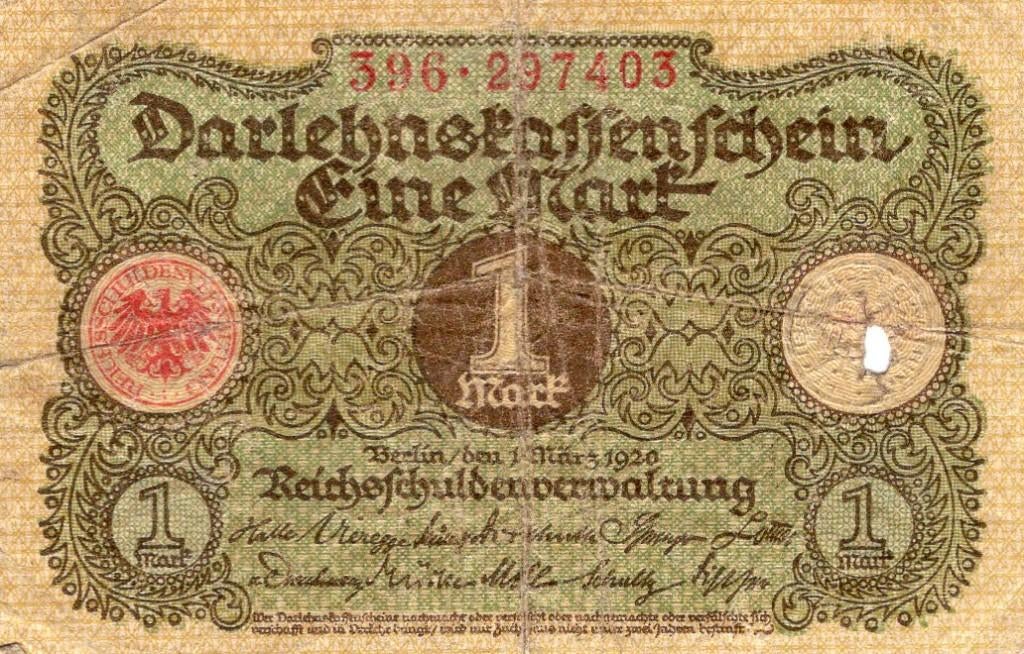 Bankbiljet: Duitsland, 1 Mark, Darlehnskassenschein, 1920, Postzegels en Munten, Bankbiljetten | Europa | Niet-Eurobiljetten, Verzenden