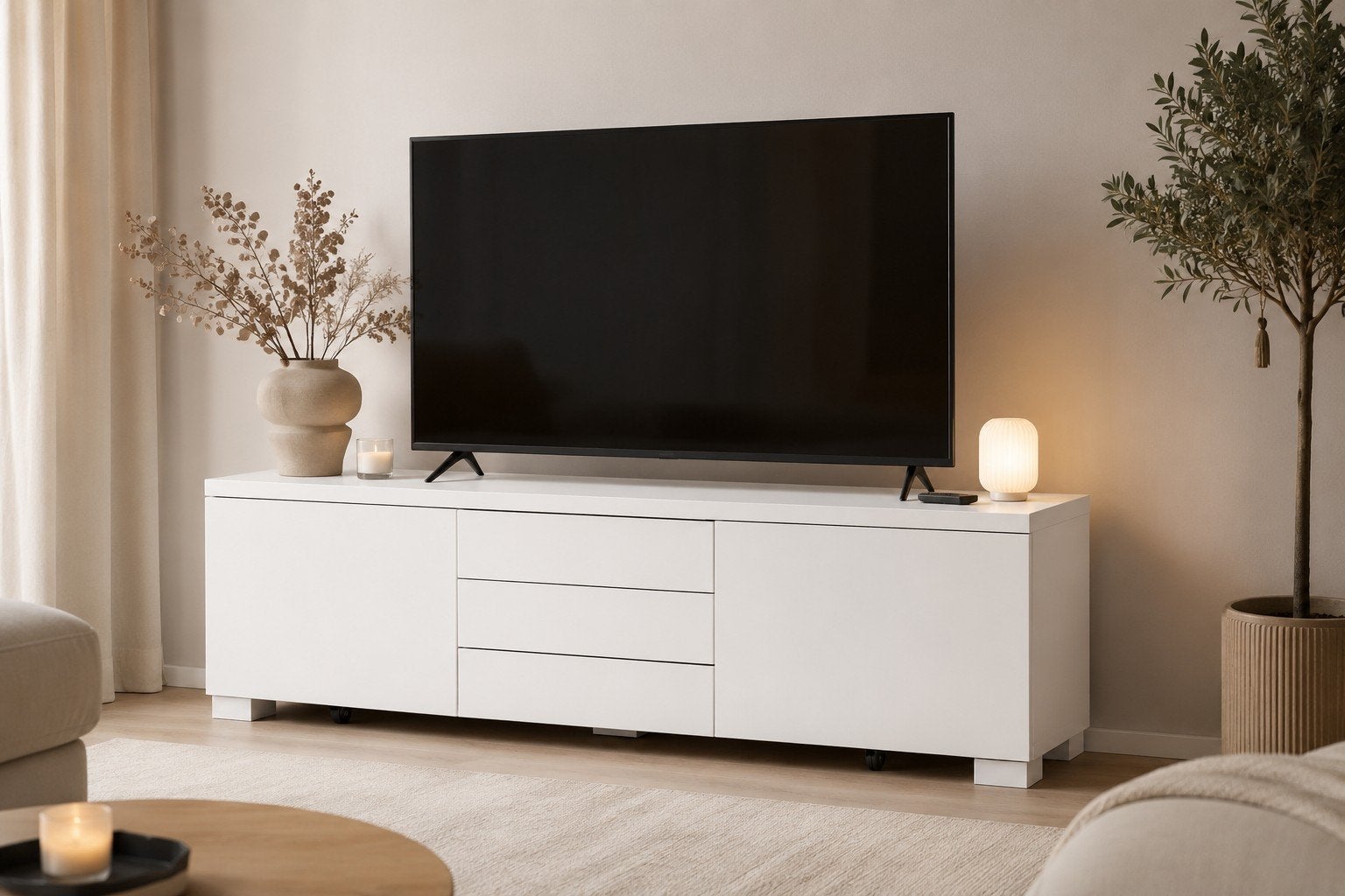 TV meubel Besta Burs Ikea hoogglans wit met lades, Ophalen, Gebruikt, 150 tot 200 cm, Minder dan 100 cm